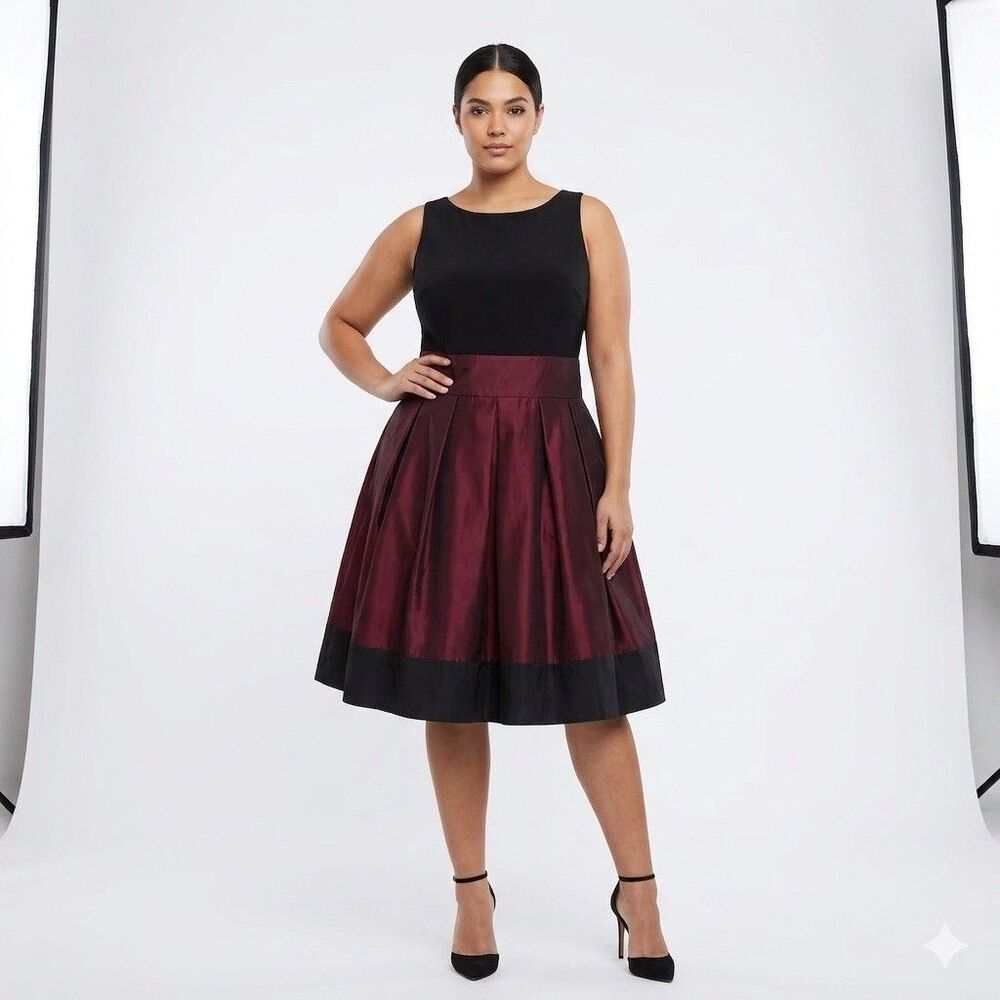 S & L Fashions Dark Red Black Dress With Tie Bow And Cross Back Lined Size 16 XL